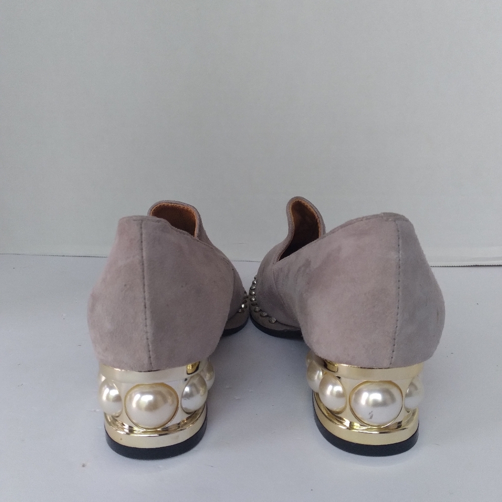 Designer Suede Loafers with Pearl-Studded Heel and Silver Trim Elegant Shoes - Picture 3 of 7